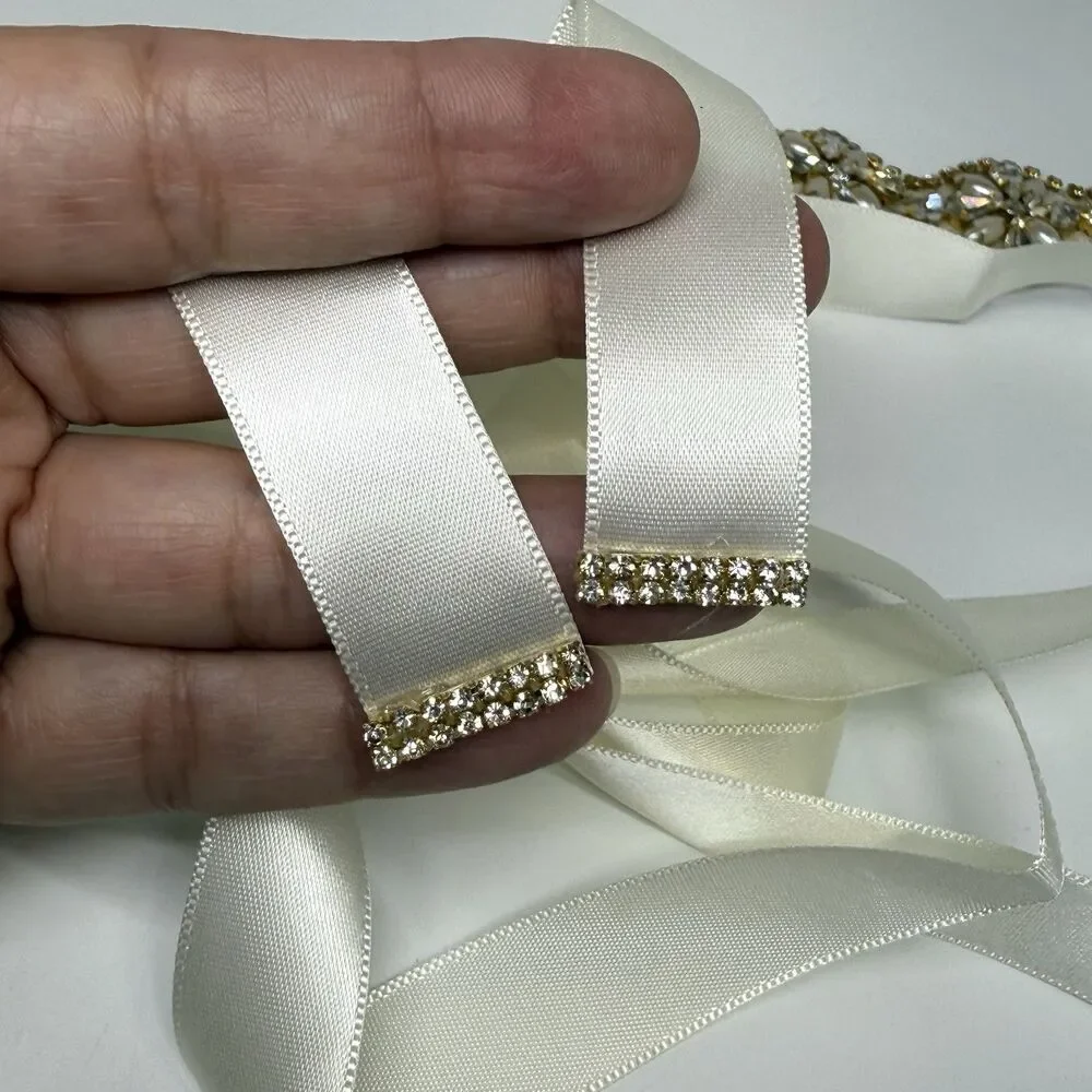 Tendaisy Crystal Rhinestone Faux Pearl Wedding Belt Cream Satin Ribbon Sash New